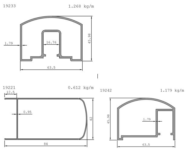 Dimensiones de la extrusión de pasamanos de aluminio.